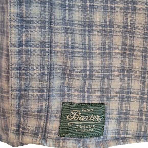 Baxter Brand Natural Clothing Shirt Linen Cotton Blend Blue Plaid L Band Collar - Picture 8 of 15